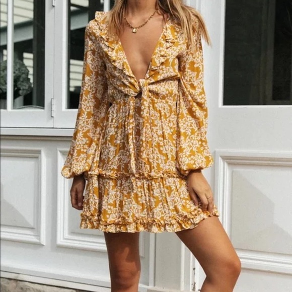 Ruffle Floral Long Sleeve Boho Gypsy Dress Yellow - Picture 4 of 14